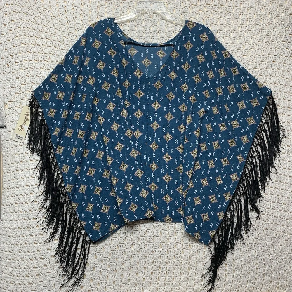Wrangler Top Women Sz S Kimono Poncho Shawl With Fringe Blue Aztec Print Western - Picture 2 of 7